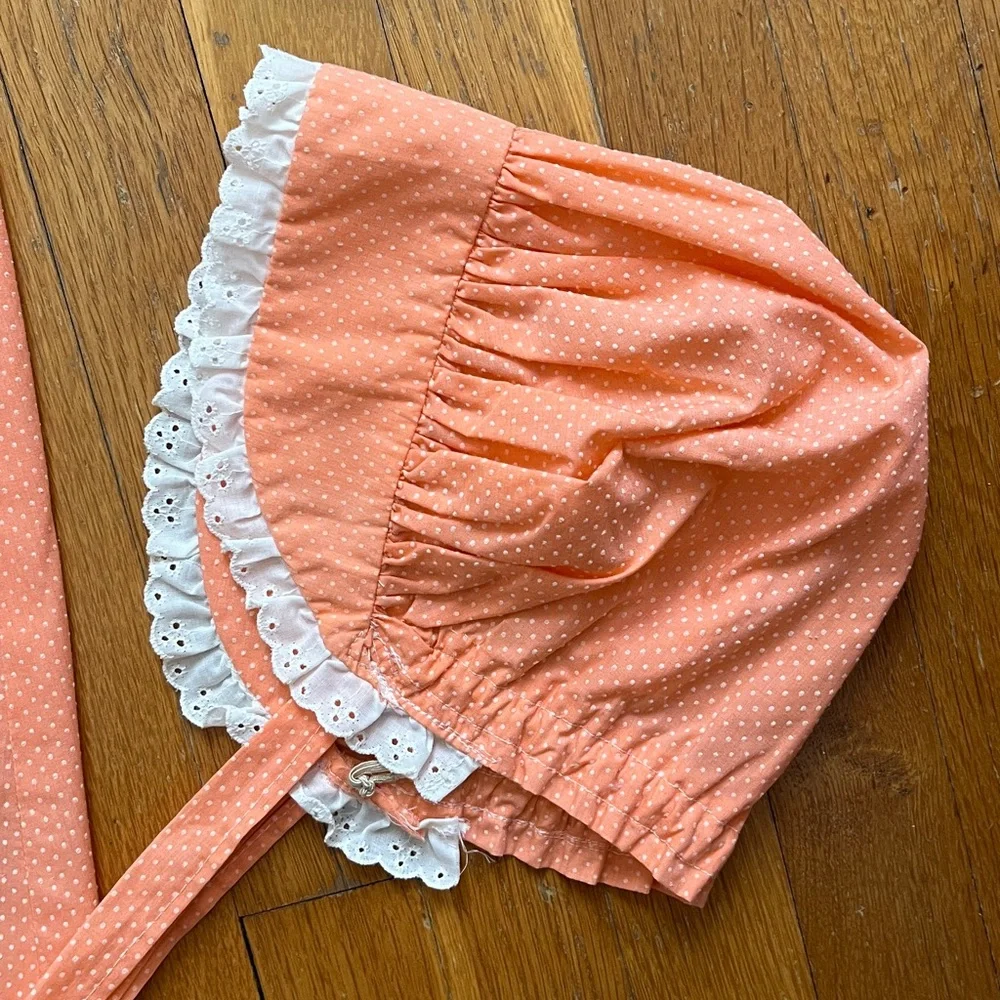 70s Vintage Handmade Girls Bicentennial Little House Prairie Dress & Bonnet - Picture 9 of 12